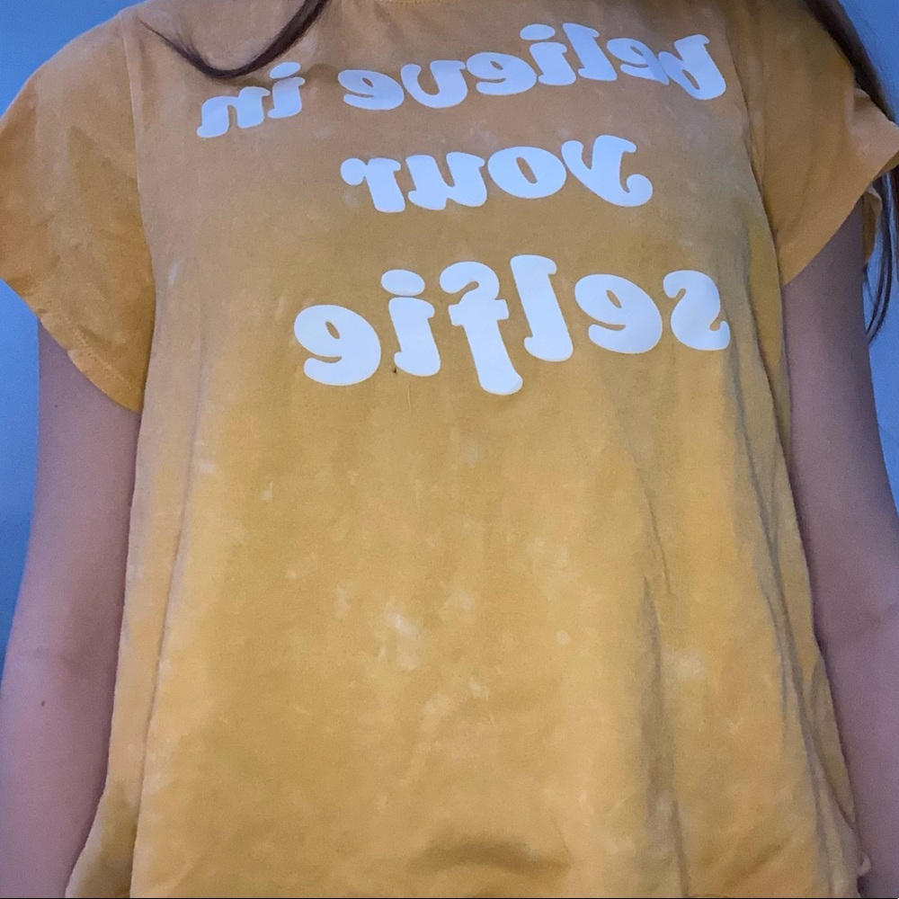 Yellow with speckled bleach spots cropped shirt “believe in your selfie”